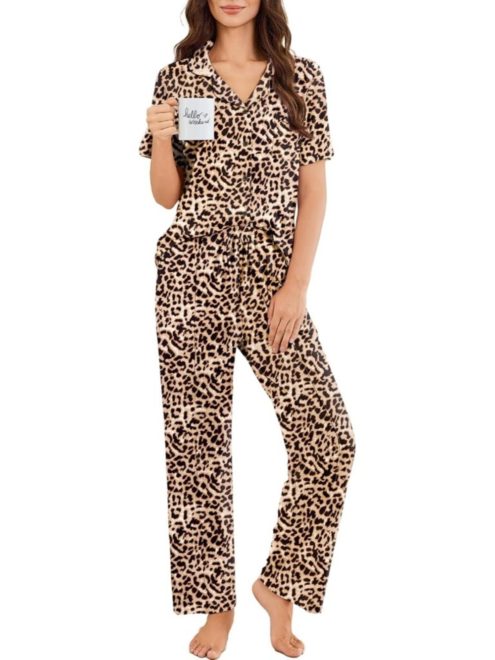 Women Brown Leopard Button Up Short Sleeve Shirt Sleepwear Pajamas Set